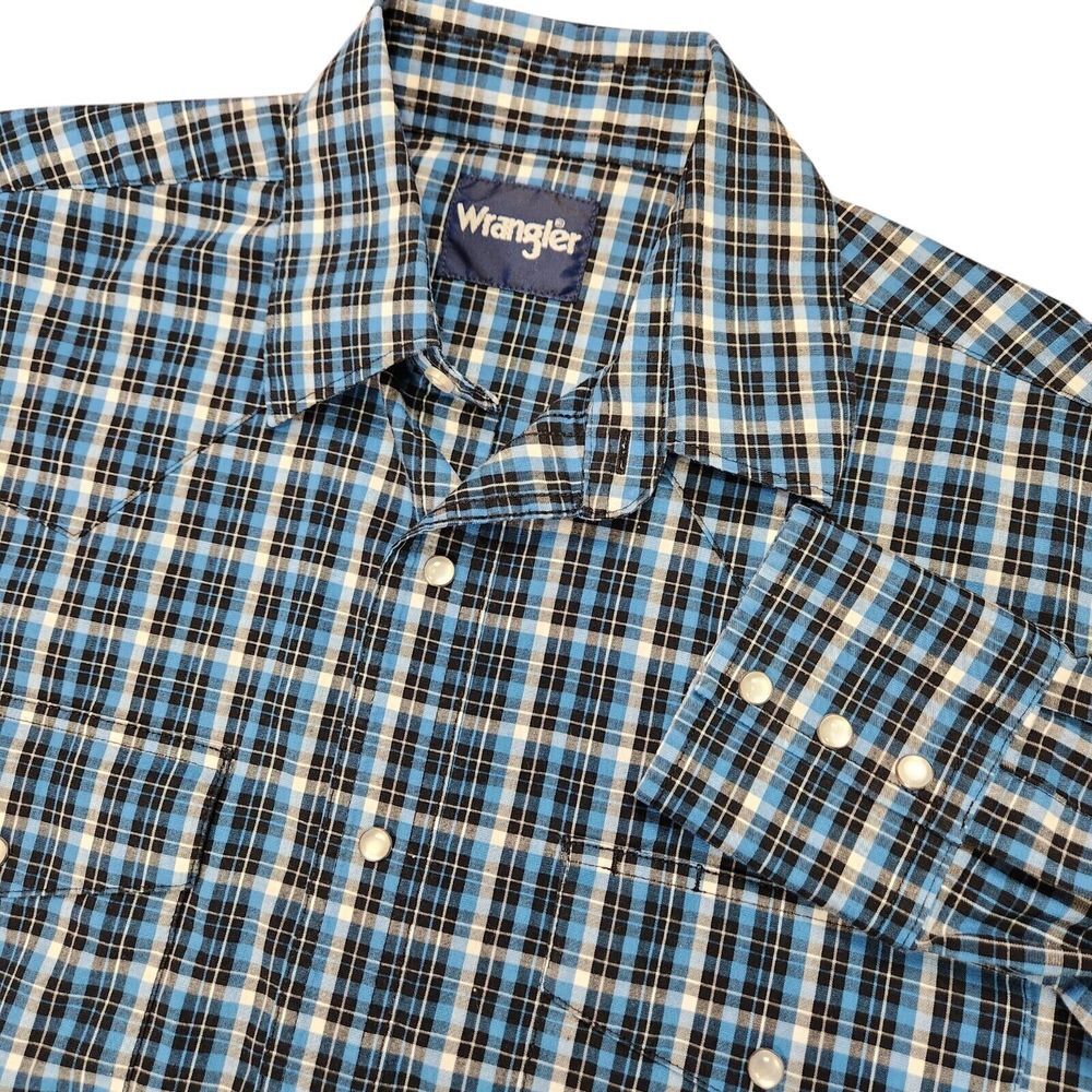 Wrangler Men's M Western Pearl Snap Long Sleeve Plaid Shirt Turquoise Navy White